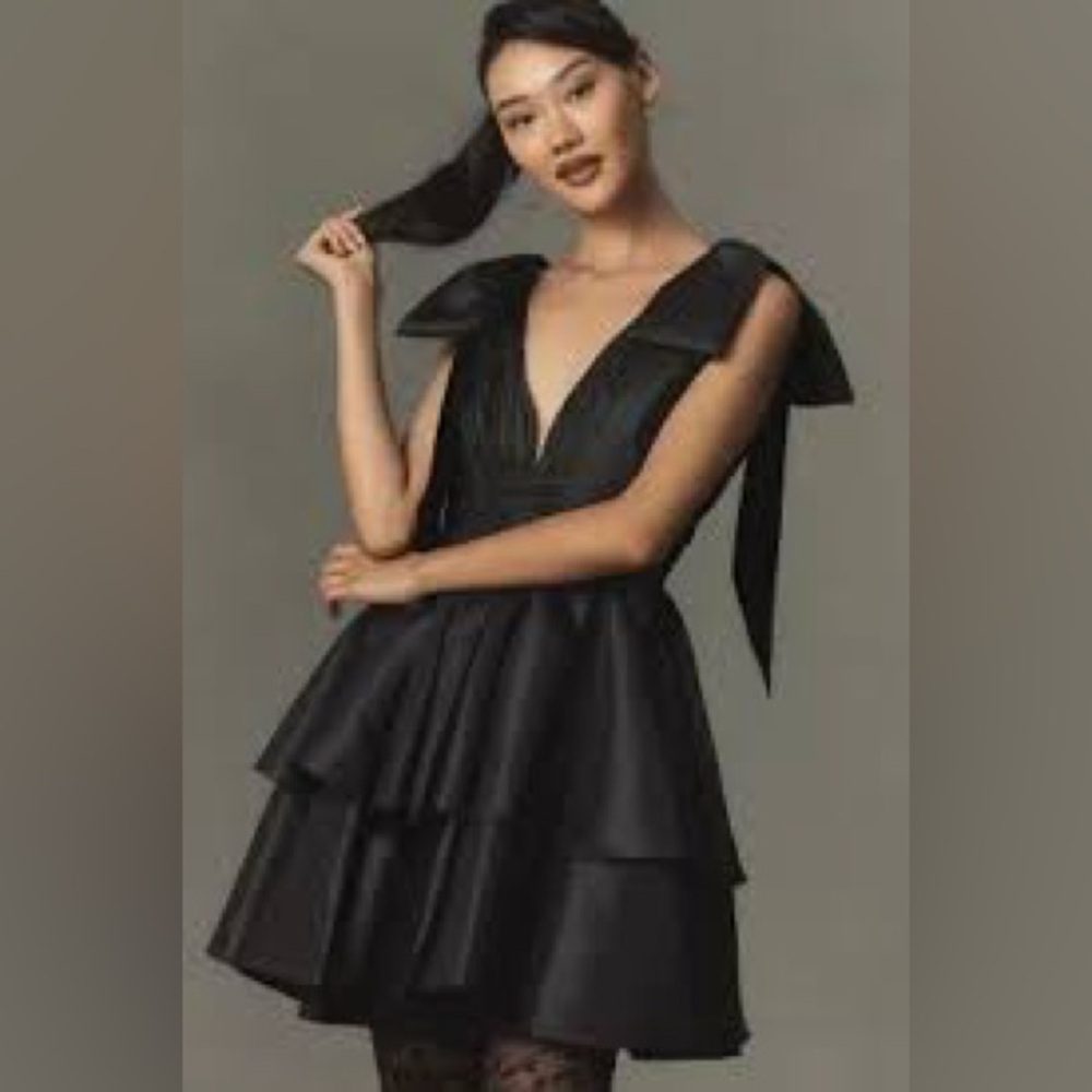 Black Oversized Bow Deep V Ruffle Mini Dress - Picture 8 of 9